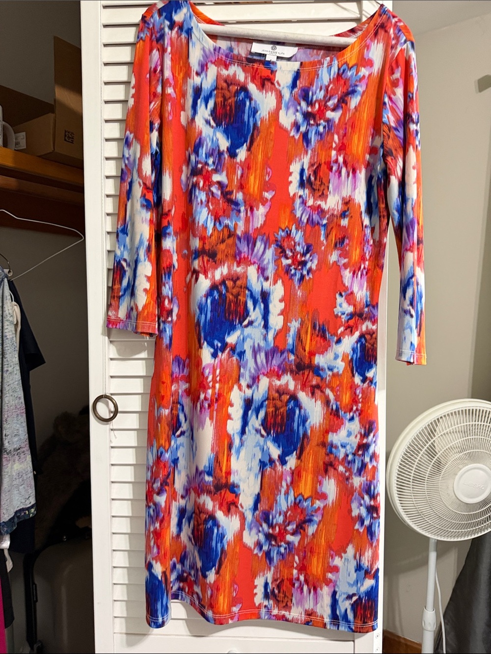 JEANNE PIERRE Orange, Blue and White Floral-Print Midi Dress